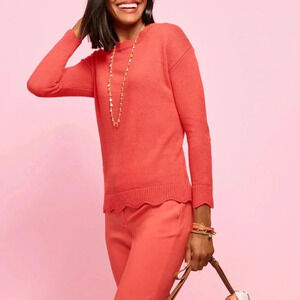 Talbots Scallop Detail Sweater Size Medium (8-10) Orange Coral Long Sleeve